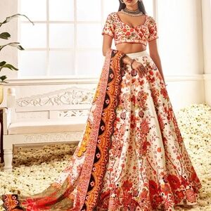 Orange Multicolor Floral Printed Indian Lehenga (Lashkaraa)
